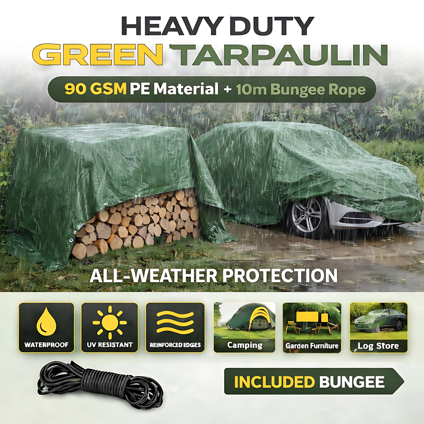 Green Tarpaulin 4 x 8 m 90 GSM Waterproof UV Resistant PE Tarp Sheet, Aluminium Eyelets, Reinforced Edges, 10m Bungee