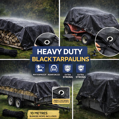 Heavy Duty Black Tarpaulin 4 x 6 m 235 GSM Waterproof UV Resistant Poly Tarp Sheet, Reinforced Edges & Eyelets, 10m Bungee