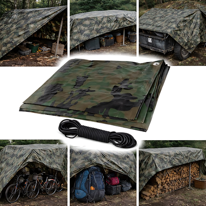 Camouflage Tarpaulin 4 x 6 m 85 GSM Waterproof UV Resistant PE Tarp Sheet, Aluminium Eyelets, Reinforced Edges, 10m Bungee