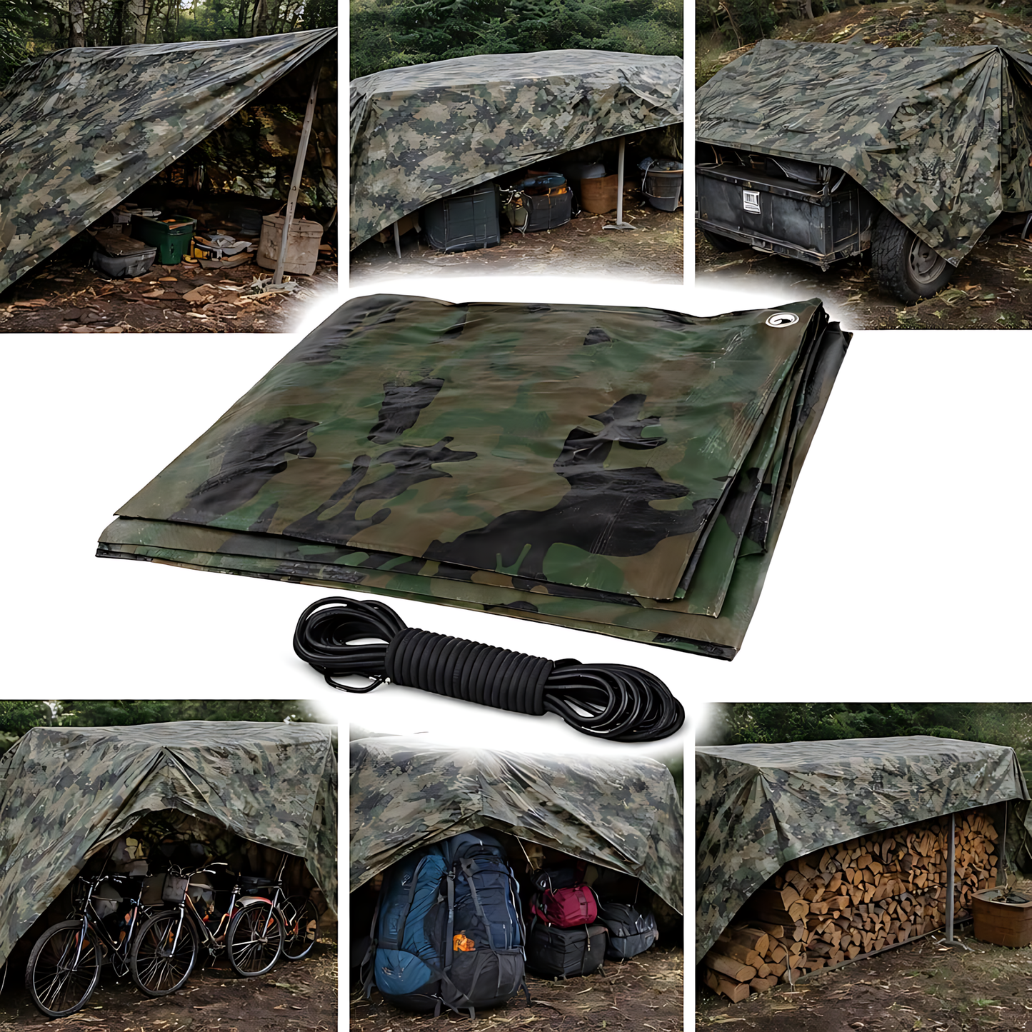 Camouflage Tarpaulin 5 x 6 m 85 GSM Waterproof UV Resistant PE Tarp Sheet, Aluminium Eyelets, Reinforced Edges, 10m Bungee