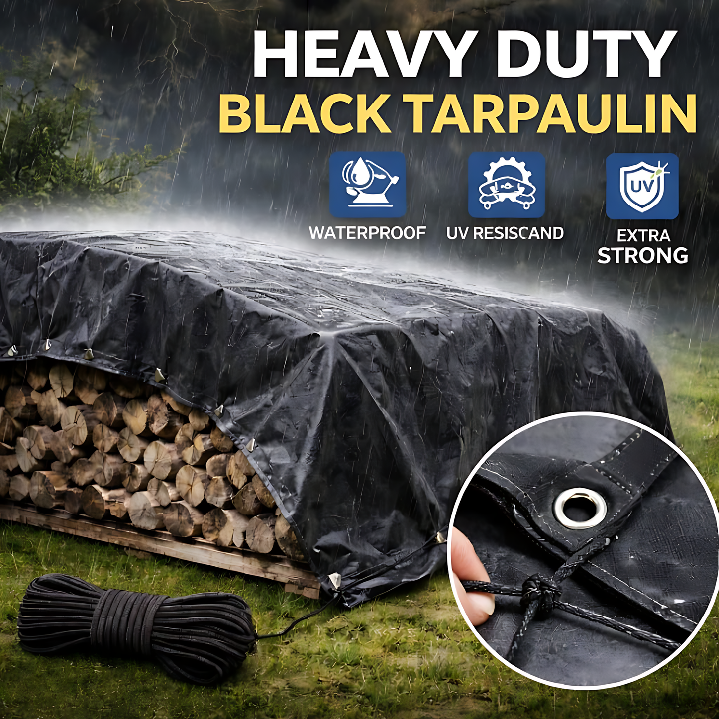 Heavy Duty Black Tarpaulin 6 x 6 m 235 GSM Waterproof UV Resistant Poly Tarp Sheet, Reinforced Edges & Eyelets, 10m Bungee