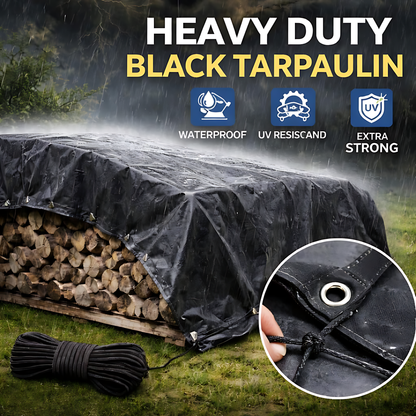 Heavy Duty Black Tarpaulin 1.5 x 2 m 235 GSM Waterproof UV Resistant Poly Tarp Sheet, Reinforced Edges & Eyelets, 10m Bungee