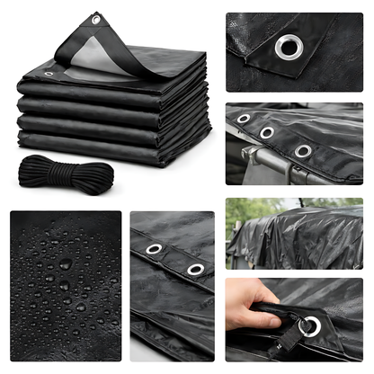 Heavy Duty Black Tarpaulin 4 x 4 m 235 GSM Waterproof UV Resistant Poly Tarp Sheet, Reinforced Edges & Eyelets, 10m Bungee