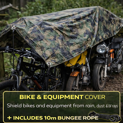 Camouflage Tarpaulin 8 x 10 m 85 GSM Waterproof UV Resistant PE Tarp Sheet, Aluminium Eyelets, Reinforced Edges, 10m Bungee