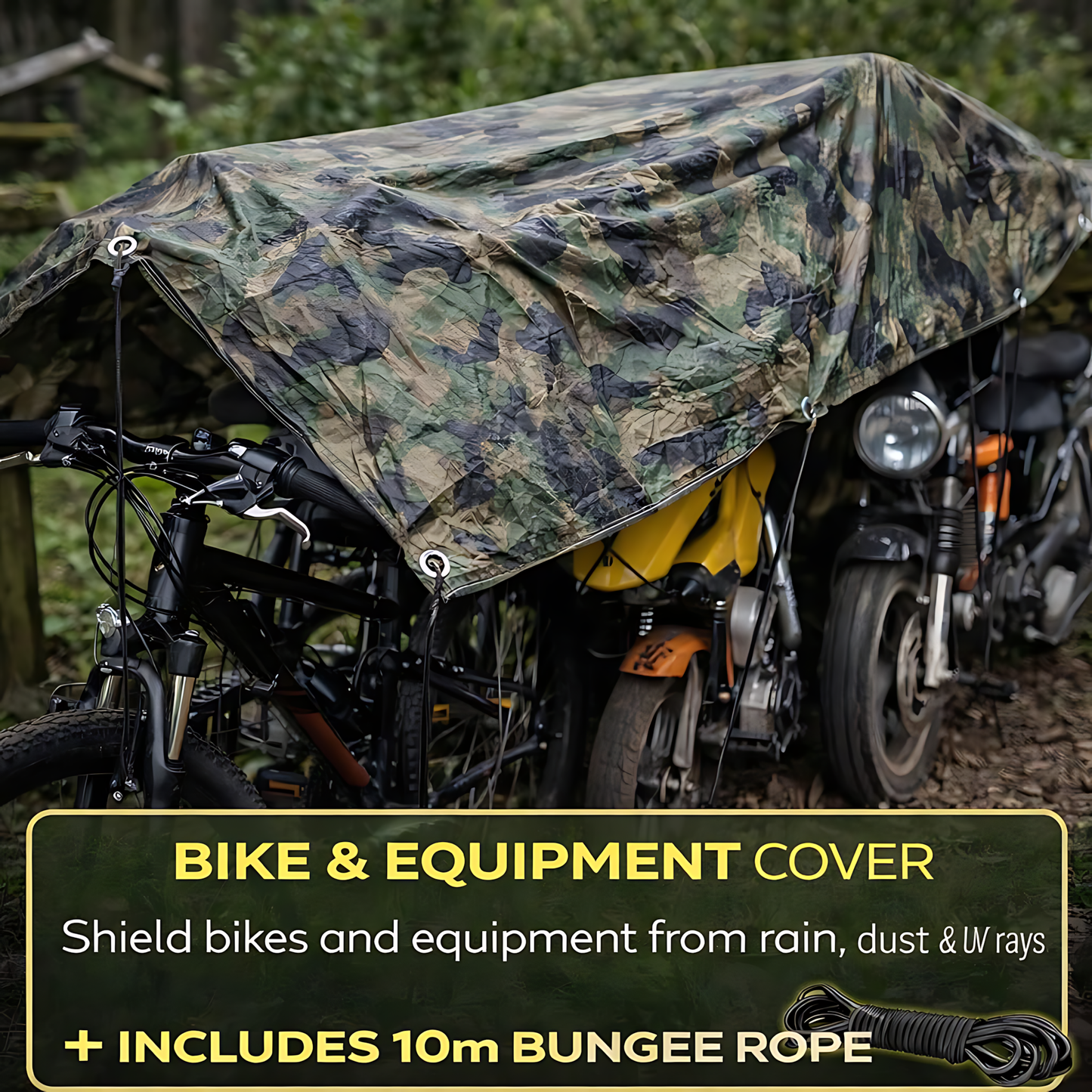 Camouflage Tarpaulin 5 x 5 m 85 GSM Waterproof UV Resistant PE Tarp Sheet, Aluminium Eyelets, Reinforced Edges, 10m Bungee