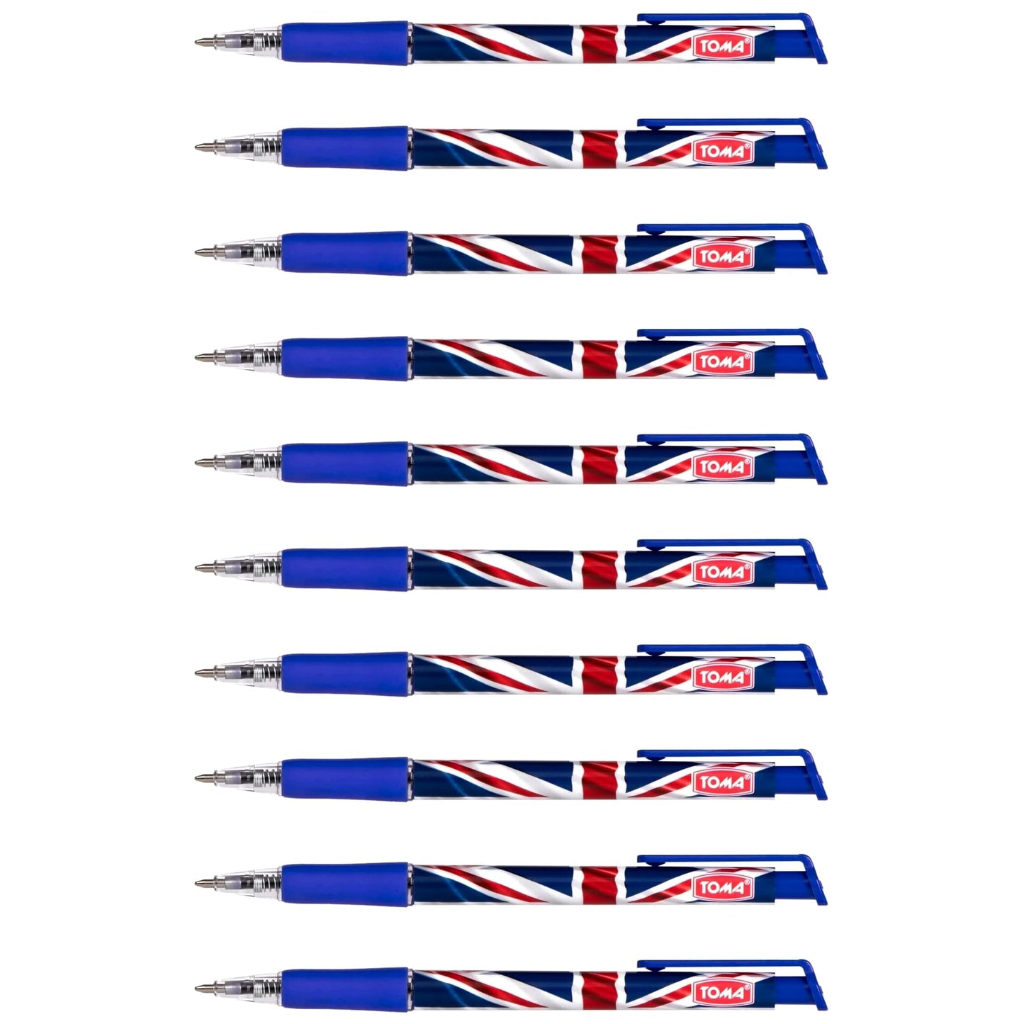 Ballpoint Pens with the United Kingdom Flag / Union Jack Motive, Pack of 10, Blue Ink, Retractable Smudge Free Pens, 0.5 mm Point