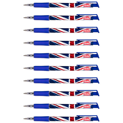 Ballpoint Pens with the United Kingdom Flag / Union Jack Motive, Pack of 10, Blue Ink, Retractable Smudge Free Pens, 0.5 mm Point