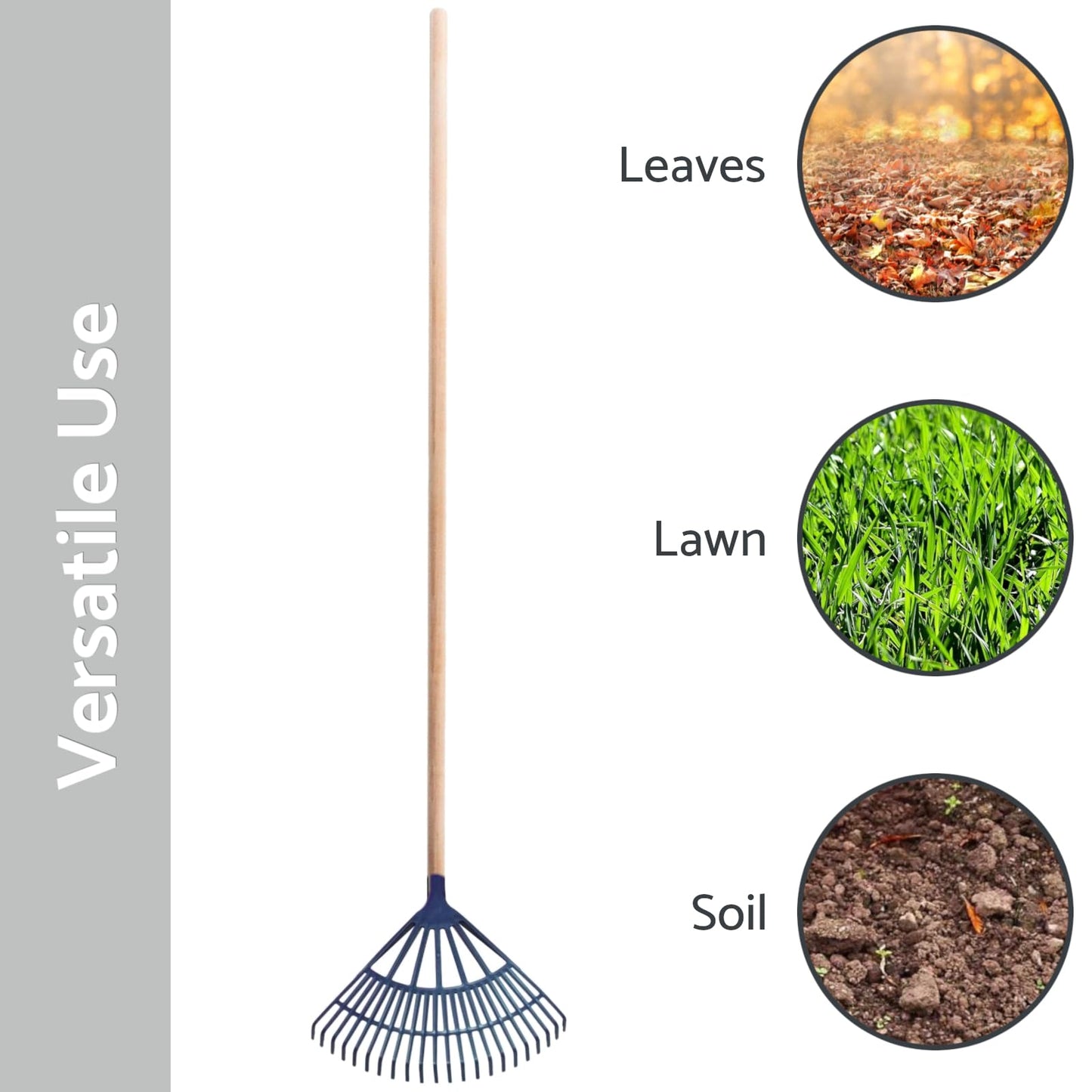 Garden Leaf Rake - 22 Tine Plastic Head & 120 cm Wooden Handle, 45 cm Wide - Lightweight & Durable for Quick Lawn Cleaning