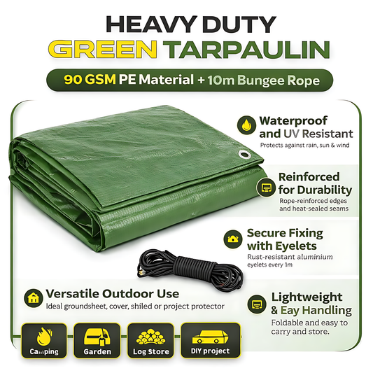 Green Tarpaulin 4 x 8 m 90 GSM Waterproof UV Resistant PE Tarp Sheet, Aluminium Eyelets, Reinforced Edges, 10m Bungee