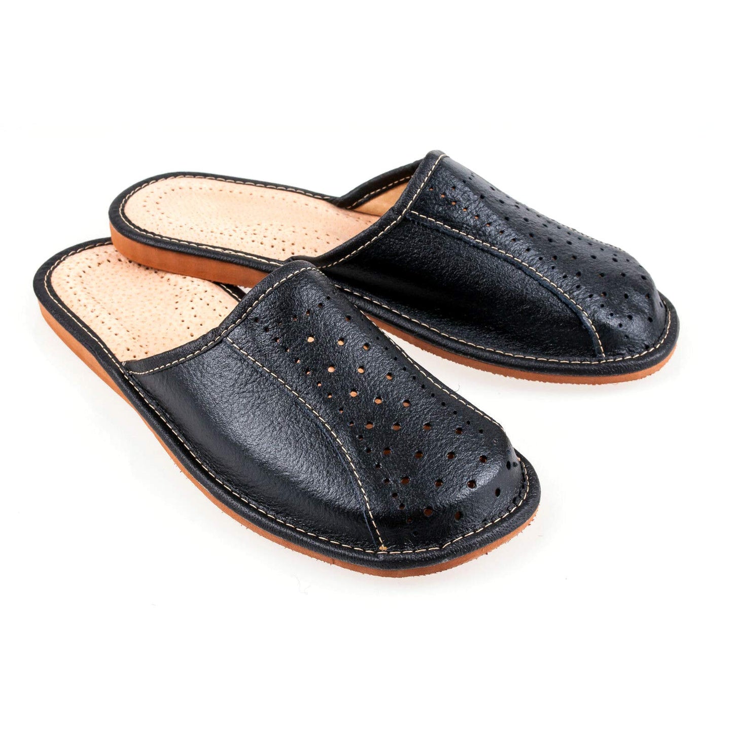 Men's Handmade Leather Slippers 100% Natural Leather (Size UK 6 / EU 40) Black