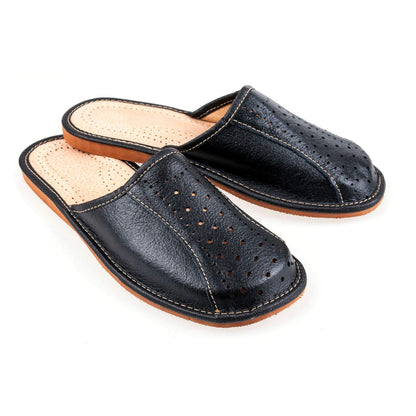 Men's Handmade Leather Slippers 100% Natural Leather (Size UK 8 / EU 42) Black