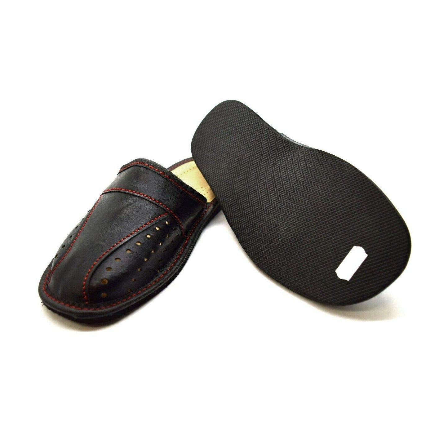 Men's Leather Slippers Shoes Comfort Sandals Slip On Mules Black (Size UK 9)