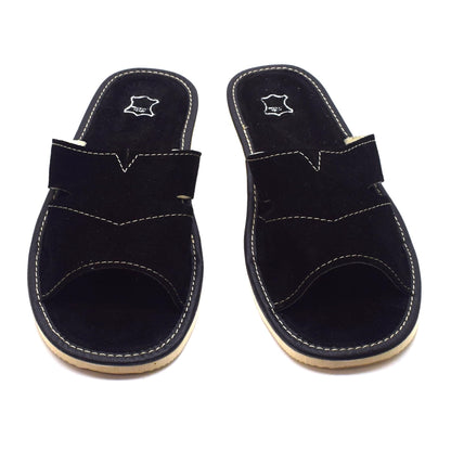 Men's Natural Suede Leather Slippers Shoes, Open Toe Comfortable Slip-On Sandals Mules for Gents (Black, Size: 7 UK / 41 EU)