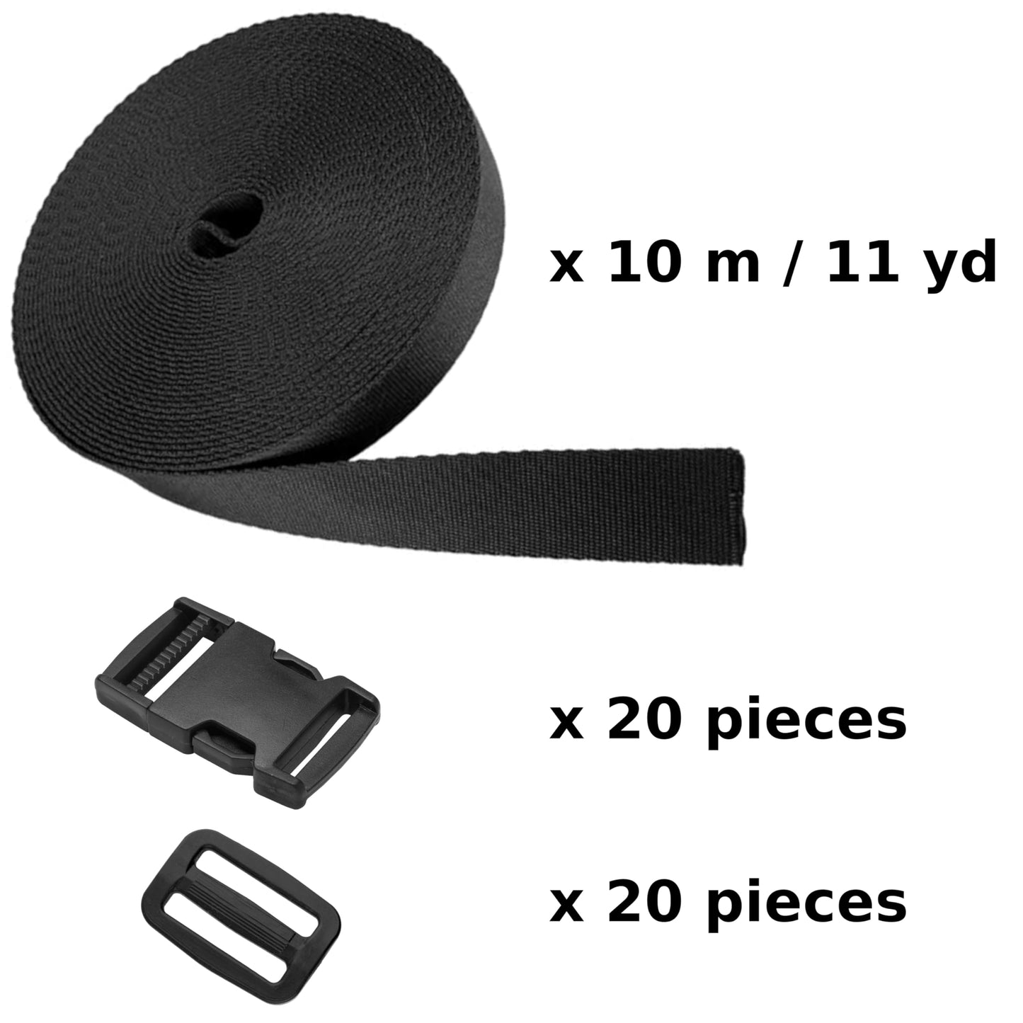 10 m / 11 yd Heavy-Duty Webbing Strap, 20 Sets Side Release Buckles and Tri-Glide Slides (25 mm / 1 inch, Black)