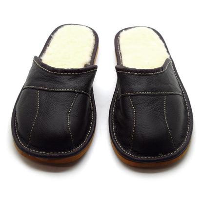 Men's Natural Leather Slippers with Warm and Cosy Fur Lining, Comfort Winter Slip On Mules (Dark Brown, Size: 10.5 UK / 45 EU)