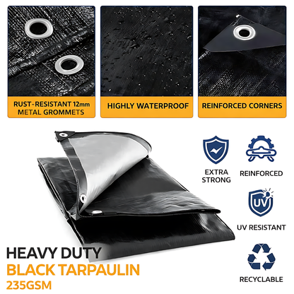 Heavy Duty Black Tarpaulin 2 x 3 m 235 GSM Waterproof UV Resistant Poly Tarp Sheet, Reinforced Edges & Eyelets, 10m Bungee