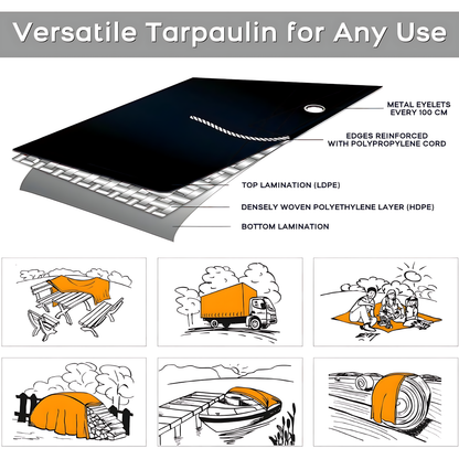 Heavy Duty Black Tarpaulin 5 x 5 m 235 GSM Waterproof UV Resistant Poly Tarp Sheet, Reinforced Edges & Eyelets, 10m Bungee