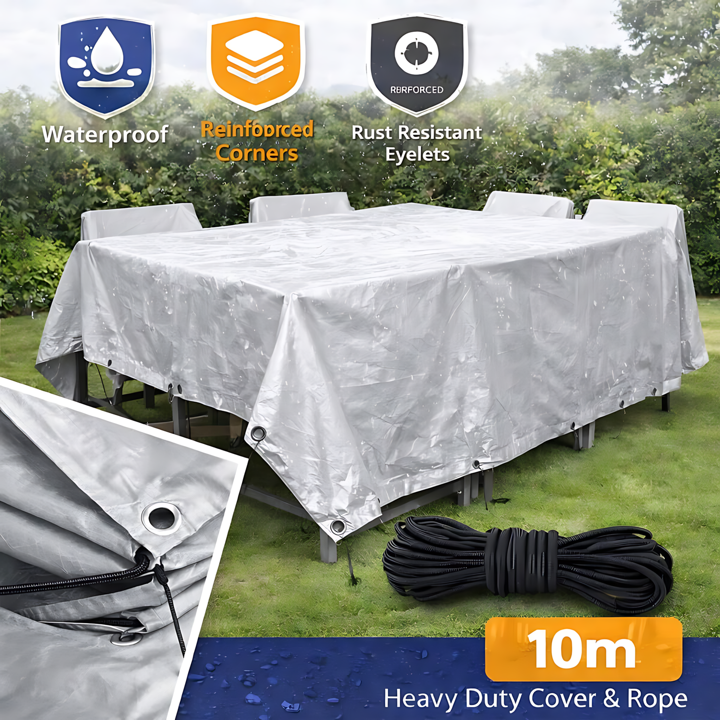 Heavy Duty Silver Tarpaulin 8 x 8 m 260 GSM Waterproof Weather Resistant Poly Tarp, Reinforced Edges & Eyelets, 10m Bungee
