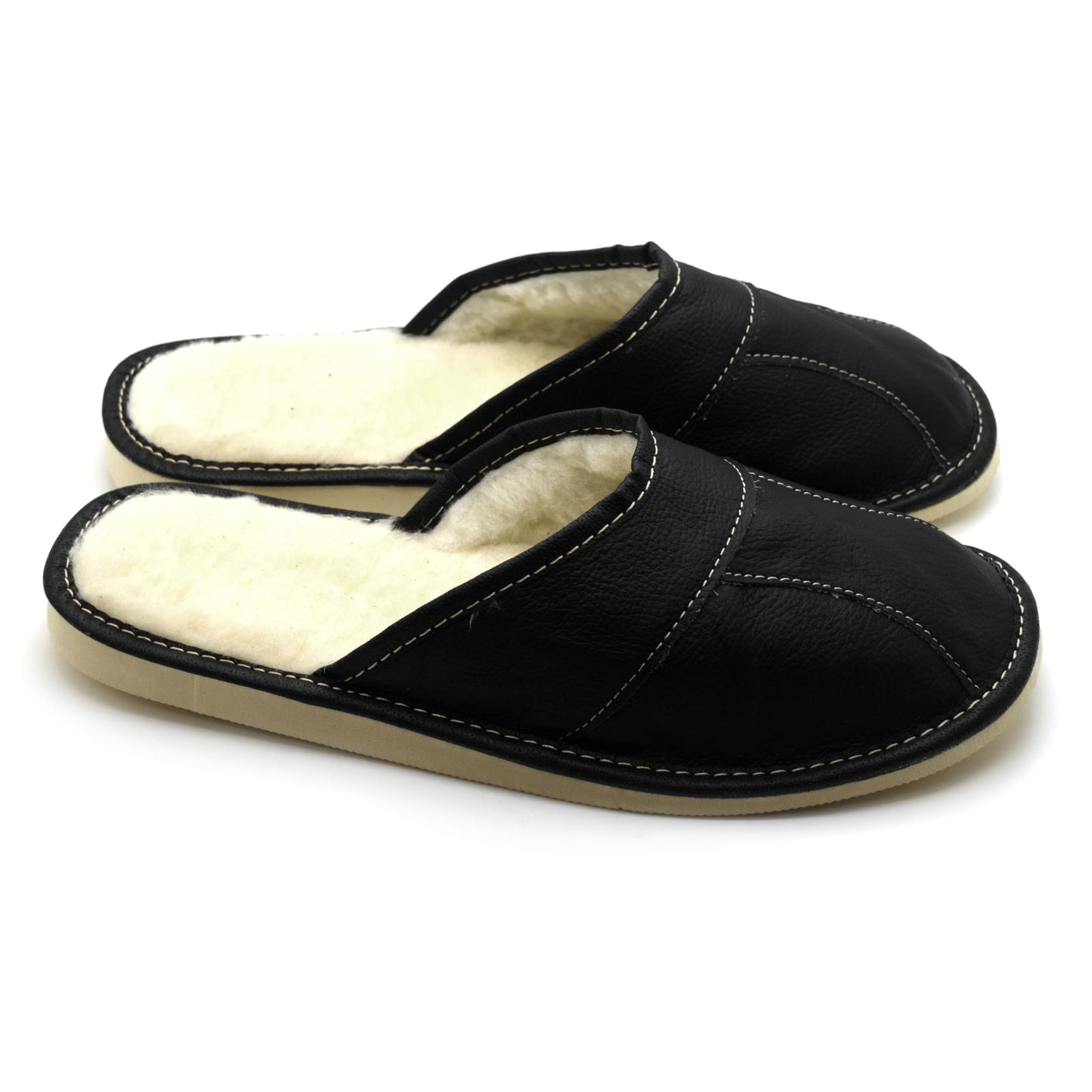 Men's Natural Leather Slippers with Warm and Cosy Fur Lining, Comfort Winter Slip On Mules (Black, Size: 7 UK / 41 EU)
