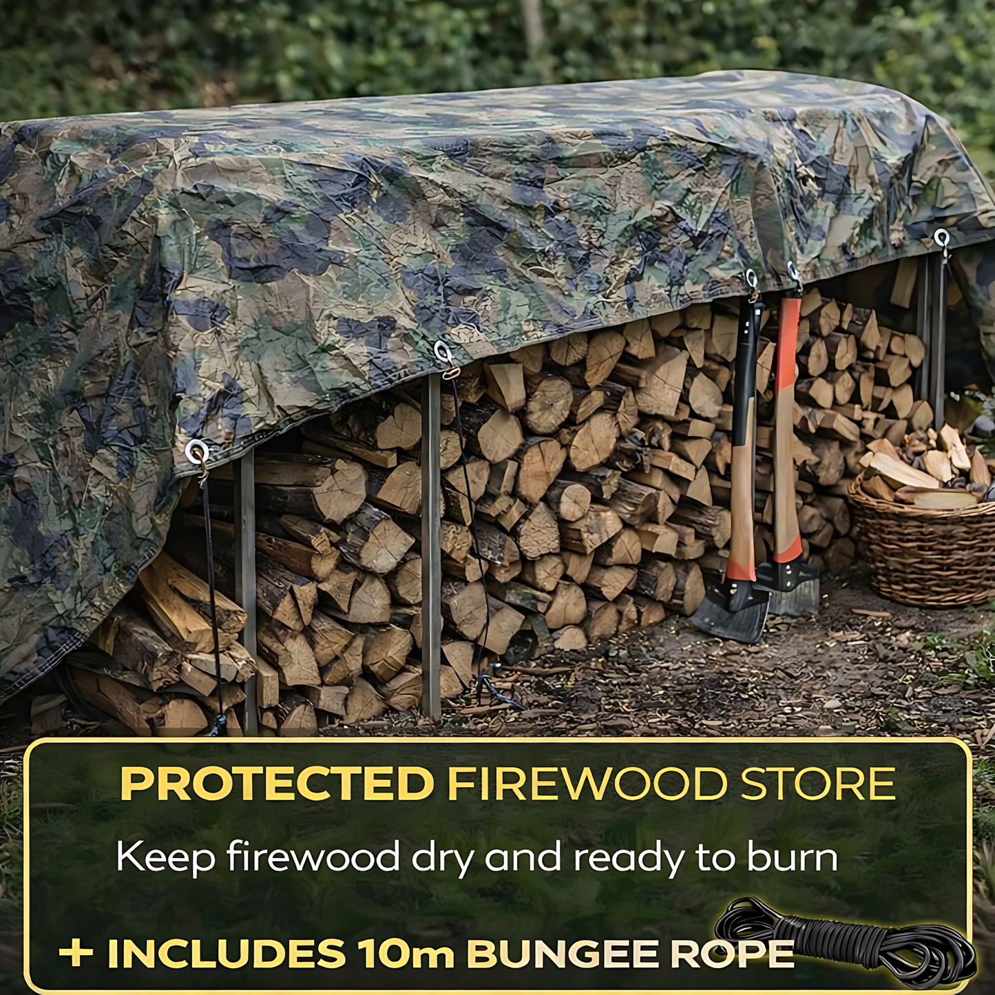Camouflage Tarpaulin 2 x 2 m 85 GSM Waterproof UV Resistant PE Tarp Sheet, Aluminium Eyelets, Reinforced Edges, 10m Bungee