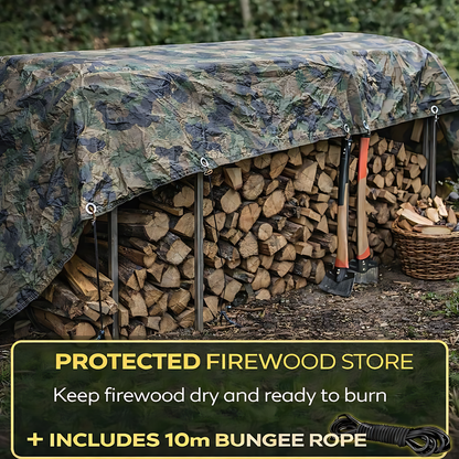 Camouflage Tarpaulin 6 x 6 m 85 GSM Waterproof UV Resistant PE Tarp Sheet, Aluminium Eyelets, Reinforced Edges, 10m Bungee