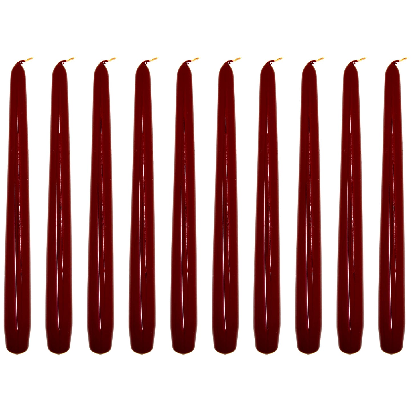 Tapered Dinner Candles, Pack of 10, Unscented, Long Burning Time, 24 cm / 19.45" (Burgundy, Varnished)