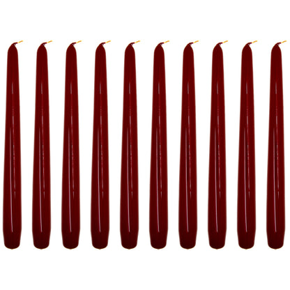 Tapered Dinner Candles, Pack of 10, Unscented, Long Burning Time, 24 cm / 19.45" (Burgundy, Varnished)