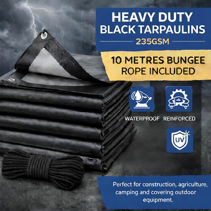 Heavy Duty Black Tarpaulin 5 x 8 m 235 GSM Waterproof UV Resistant Poly Tarp Sheet, Reinforced Edges & Eyelets, 10m Bungee