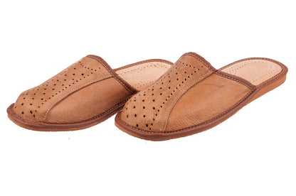 Men's Natural Leather Slippers Shoes, Closed Toe Comfortable Slip-On Sandals Mules for Gents (Light Brown, Size: 11 UK / 46 EU)