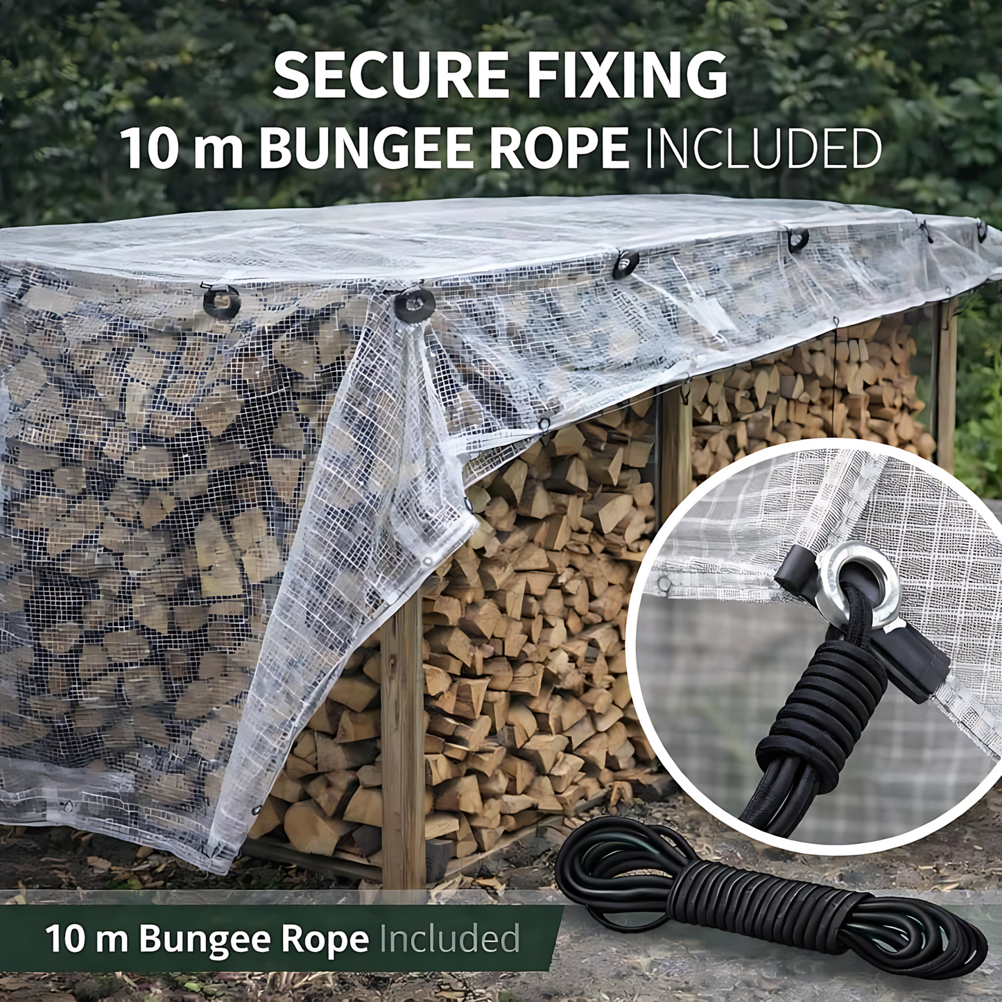 Clear Mesh Tarpaulin 3 x 5 m 100 GSM Waterproof Transparent UV Resistant Poly Mesh Cover, Aluminium Eyelets, 10m Bungee