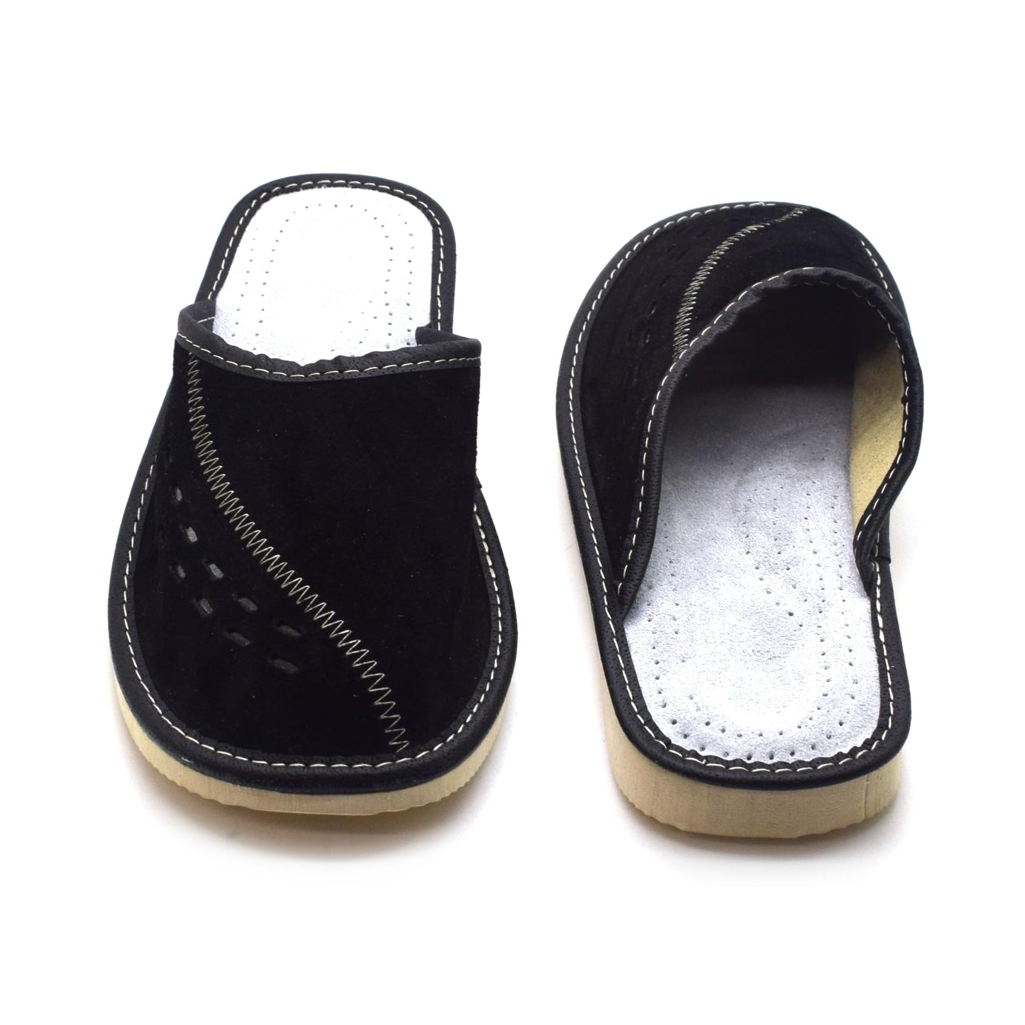 Men's Natural Suede Leather Slippers Shoes, Comfortable Slip-On Mules for Gents (Black, Size: 10.5 UK / 45 EU)