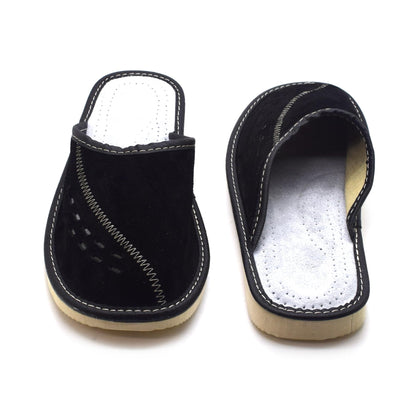 Men's Natural Suede Leather Slippers Shoes, Comfortable Slip-On Mules for Gents (Black, Size: 11 UK / 46 EU)