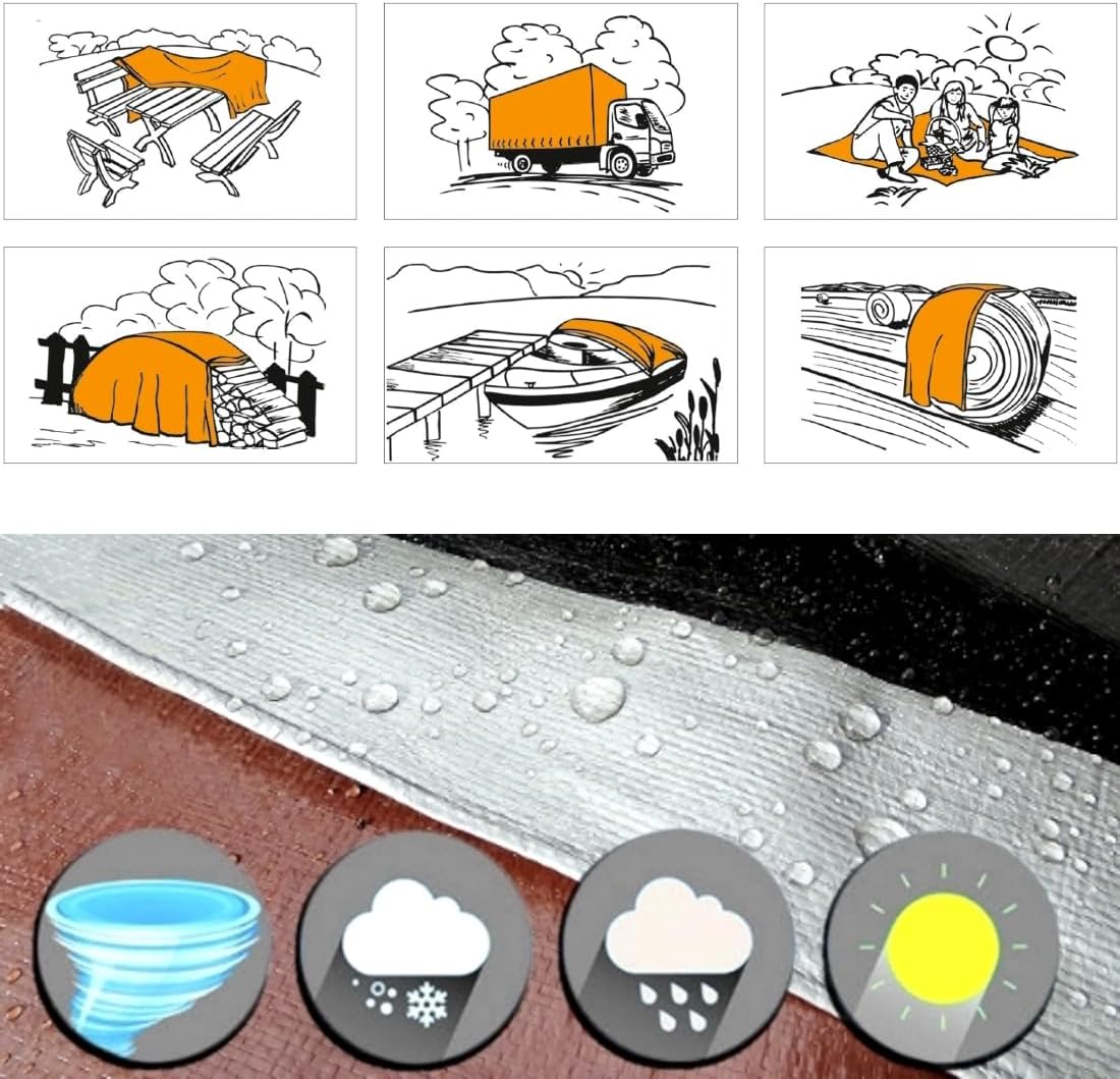 5 x 5 m Heavy-Duty Tarpaulin Cover - Silver/Black 260GSM - Waterproof, Frost-Resistant, UV Protection, Multipurpose, Groundsheet