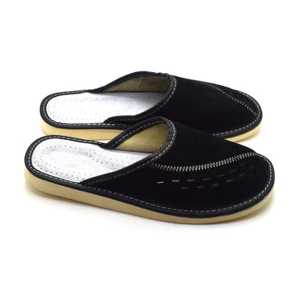 Men's Natural Suede Leather Slippers Shoes, Comfortable Slip-On Mules for Gents (Black, Size: 9.5 UK / 44 EU)