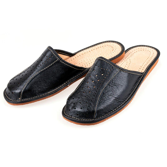 Men's Handmade Leather Slippers 100% Natural Leather (Size UK 7 / EU 41) Black