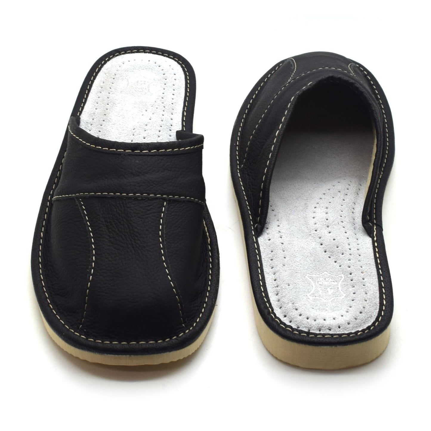 Men's Natural Leather Slippers Shoes, Closed Toe Comfortable Slip-On Sandals Mules for Gents (Black, Size: 7 UK / 41 EU)