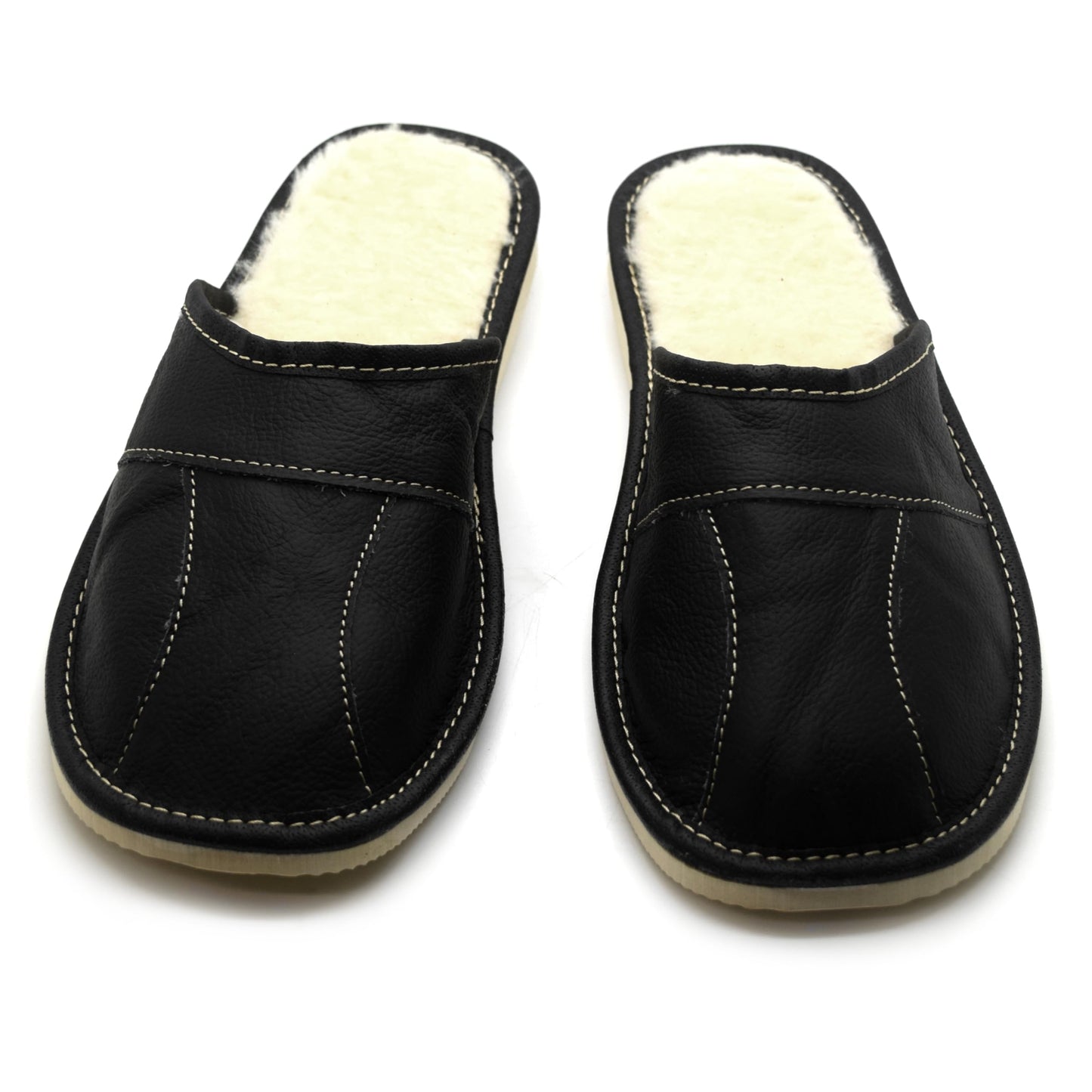 Men's Natural Leather Slippers with Warm and Cosy Fur Lining, Comfort Winter Slip On Mules (Black, Size: 9.5 UK / 44 EU)