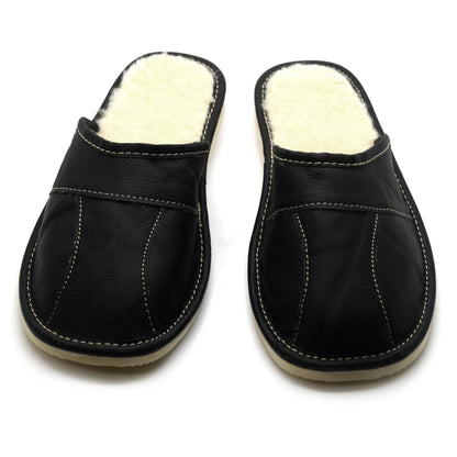 Men's Natural Leather Slippers with Warm and Cosy Fur Lining, Comfort Winter Slip On Mules (Black, Size: 6 UK / 40 EU)