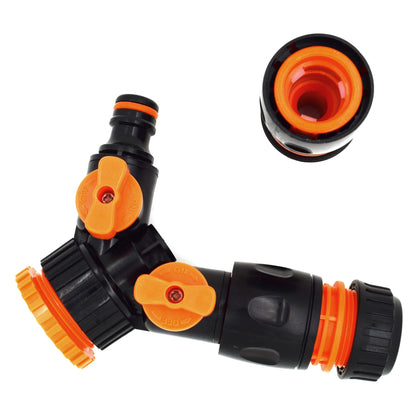 2 Way Garden Tap Connector, Garden Hose Tap Y Splitter Connector with Individual On/Off Valves & 2 Matching Quick Hose Connectors