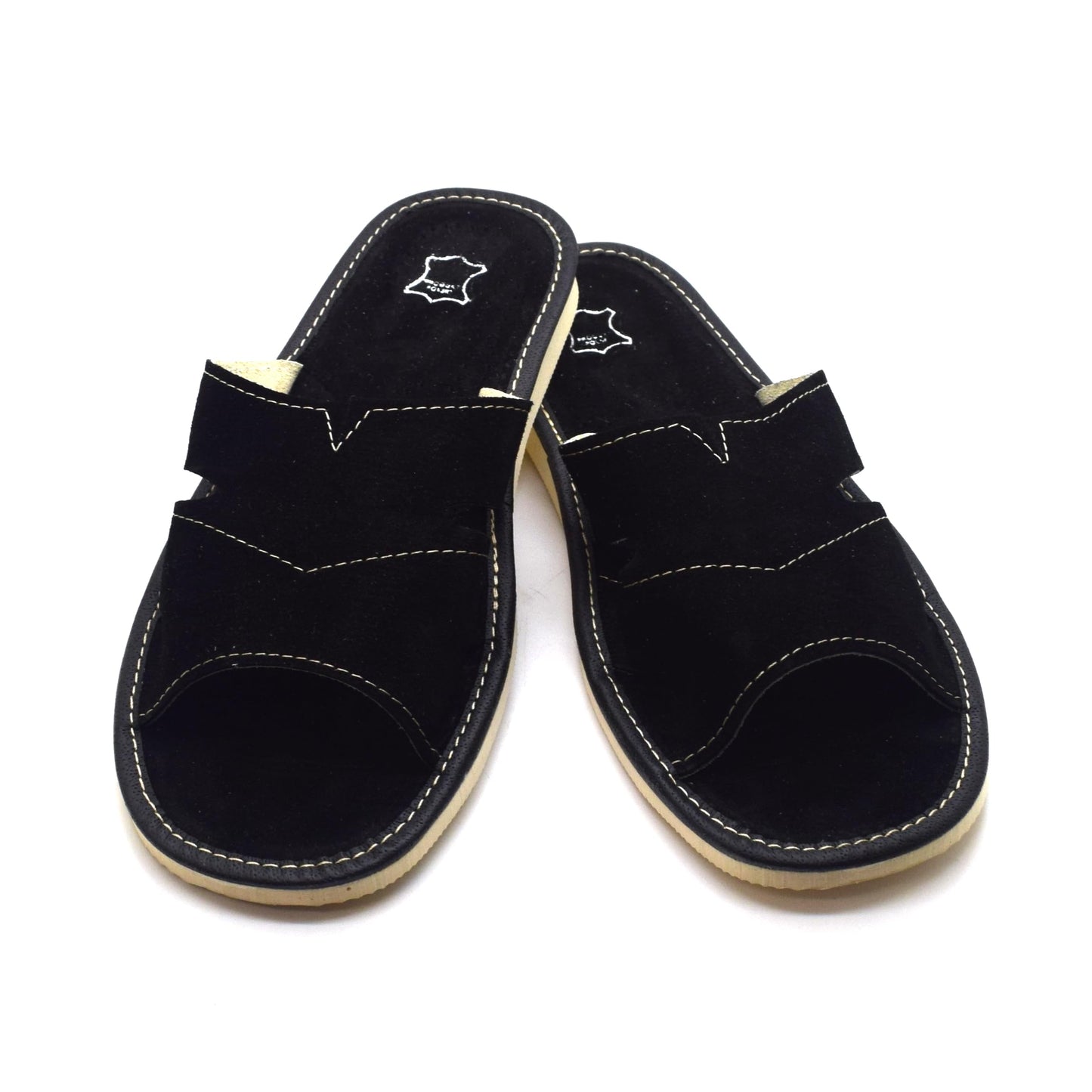 Men's Natural Suede Leather Slippers Shoes, Open Toe Comfortable Slip-On Sandals Mules for Gents (Black, Size: 7 UK / 41 EU)