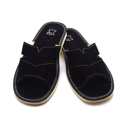 Men's Natural Suede Leather Slippers Shoes, Open Toe Comfortable Slip-On Sandals Mules for Gents (Black, Size: 6 UK / 40 EU)