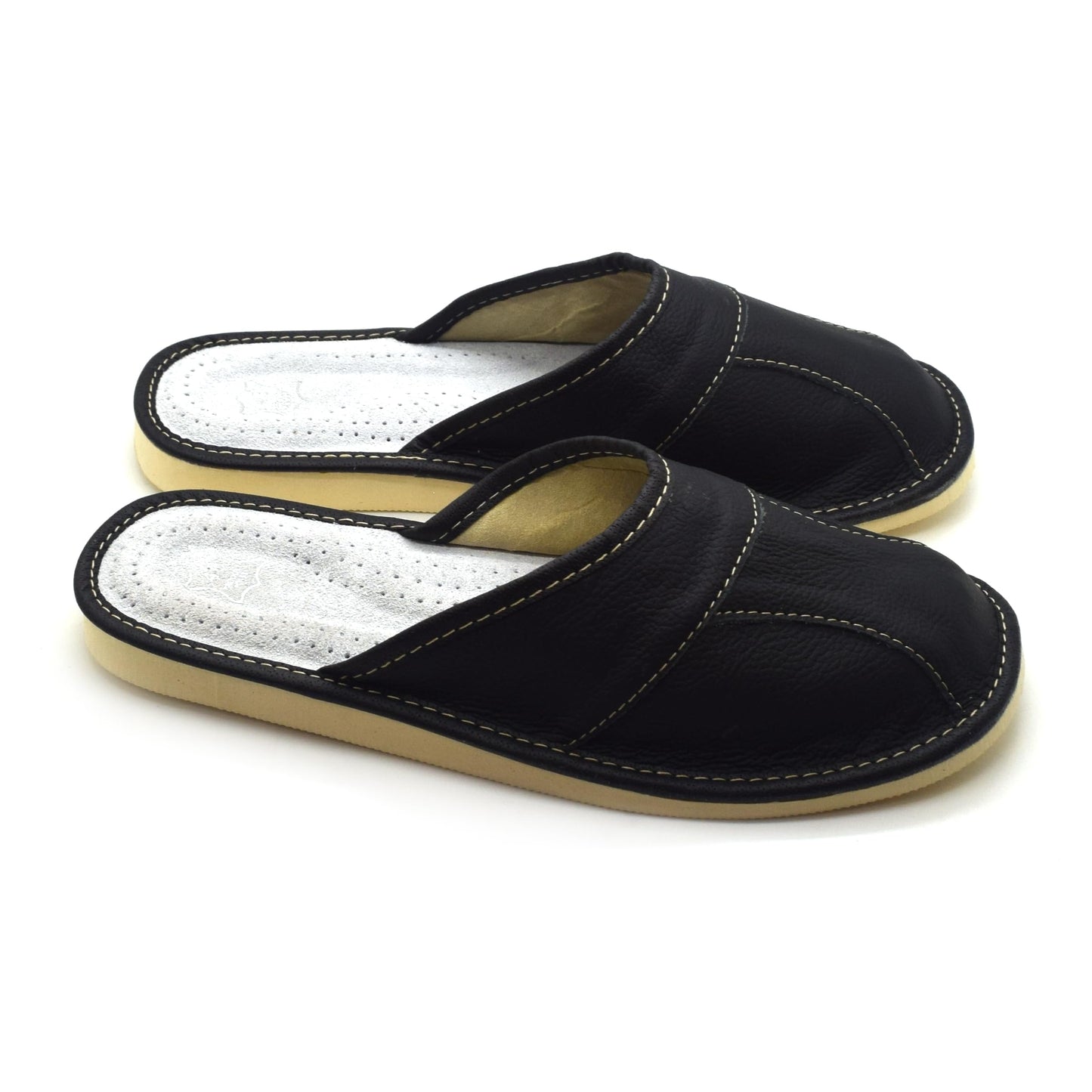 Men's Natural Leather Slippers Shoes, Closed Toe Comfortable Slip-On Sandals Mules for Gents (Black, Size: 10.5 UK / 45 EU)