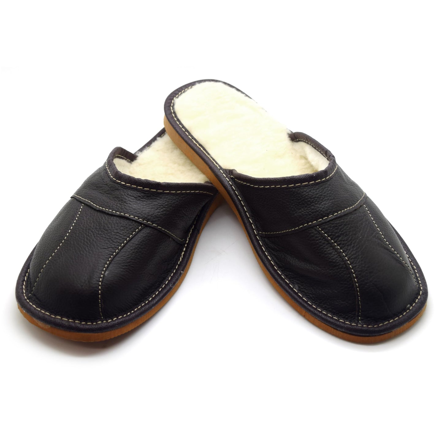 Men's Natural Leather Slippers with Warm and Cosy Fur Lining, Comfort Winter Slip On Mules (Dark Brown, Size: 6 UK / 40 EU)