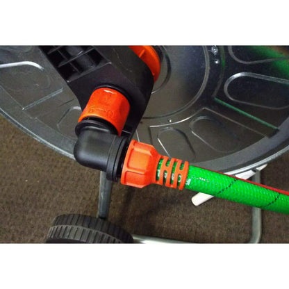 Angled Hose Connector with Hose Protector for Hose Reel Cart Prevents Kinking