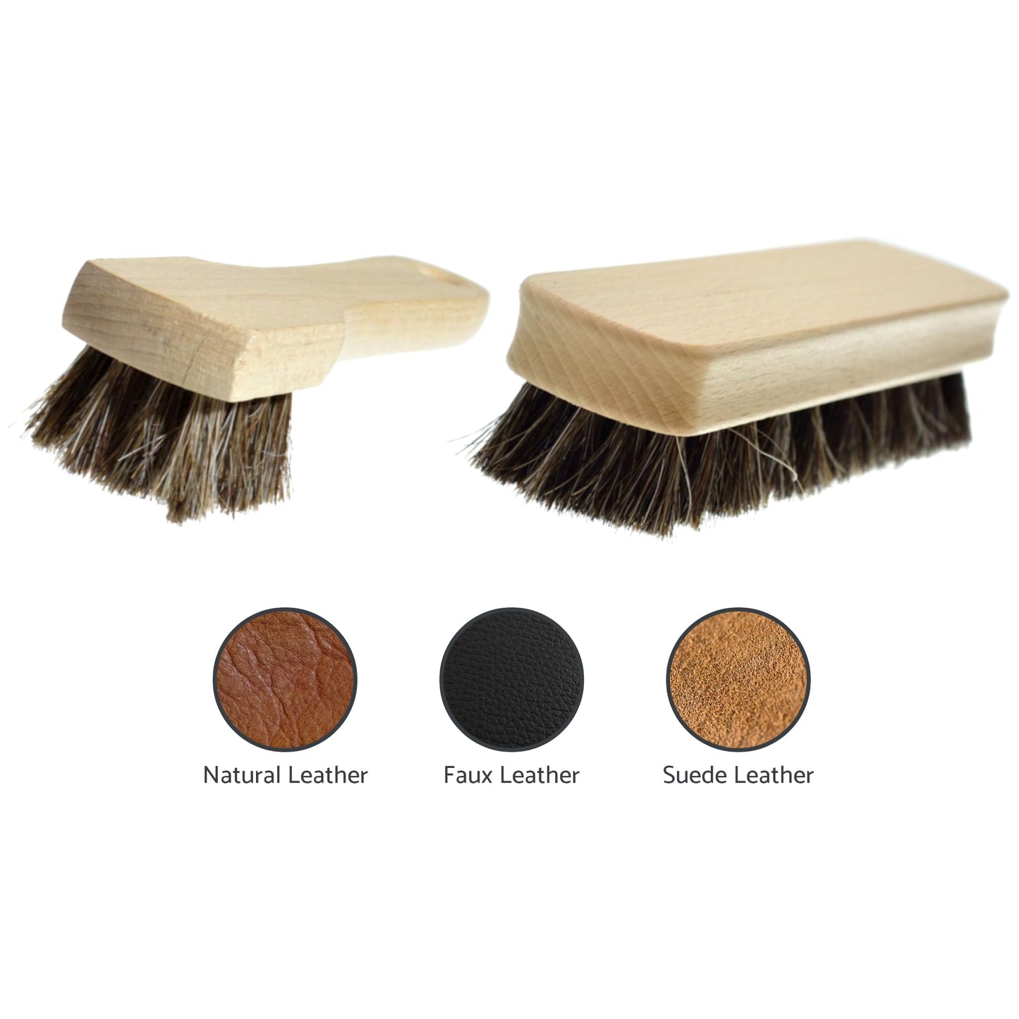 Set of Shoe Polish Applicator Brush & Shoe Buffing Brush - 100% Horsehair Bristles for Leather Boots, Shoes & Bags - Easy Grip