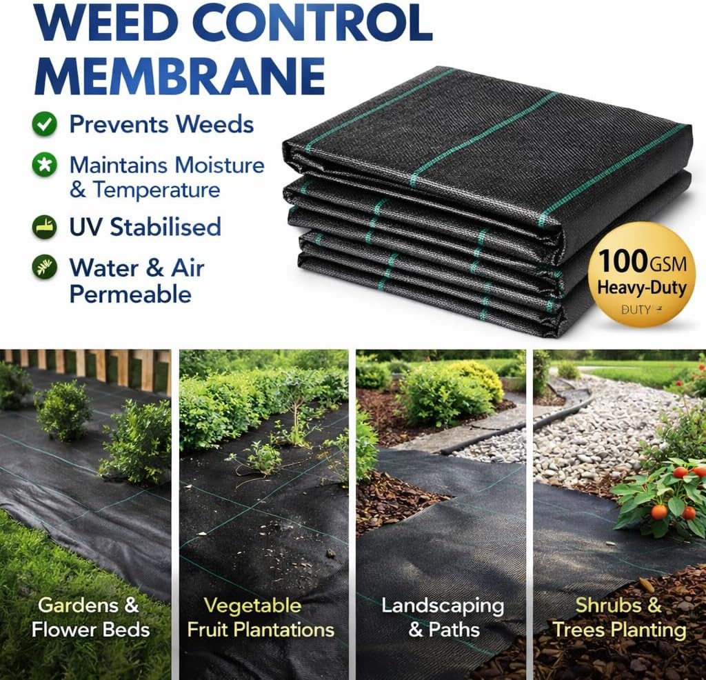 1.5 x 25 m / 4.9 x 82.0 ft Weed Control Membrane, Weed Control Woven Fabric, Ground Cover Sheet, 100 GSM, UV Stabilised