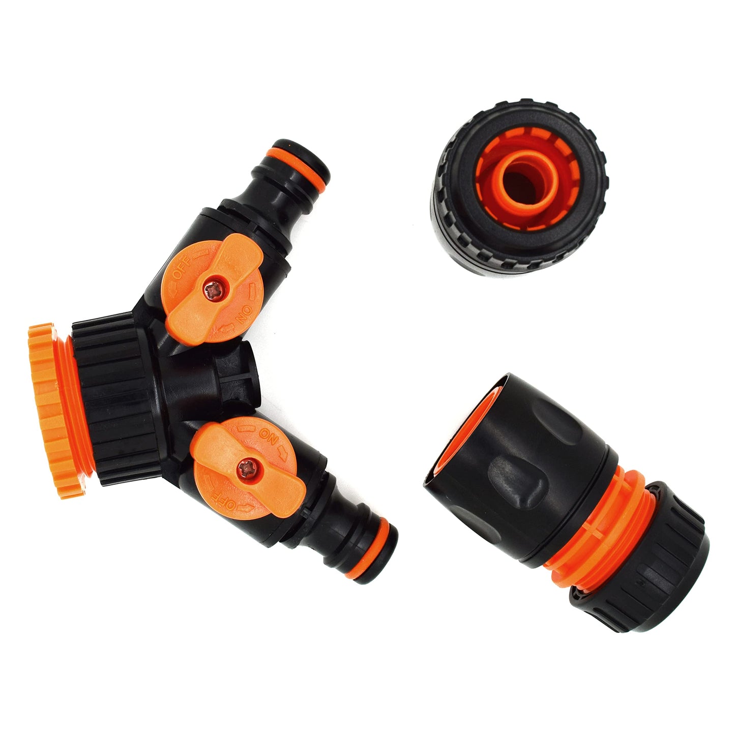 2 Way Garden Tap Connector, Garden Hose Tap Y Splitter Connector with Individual On/Off Valves & 2 Matching Quick Hose Connectors