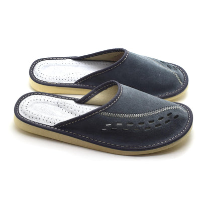 Men's Natural Suede Leather Slippers Shoes, Comfortable Slip-On Mules for Gents (Grey, Size: 7 UK / 41 EU)
