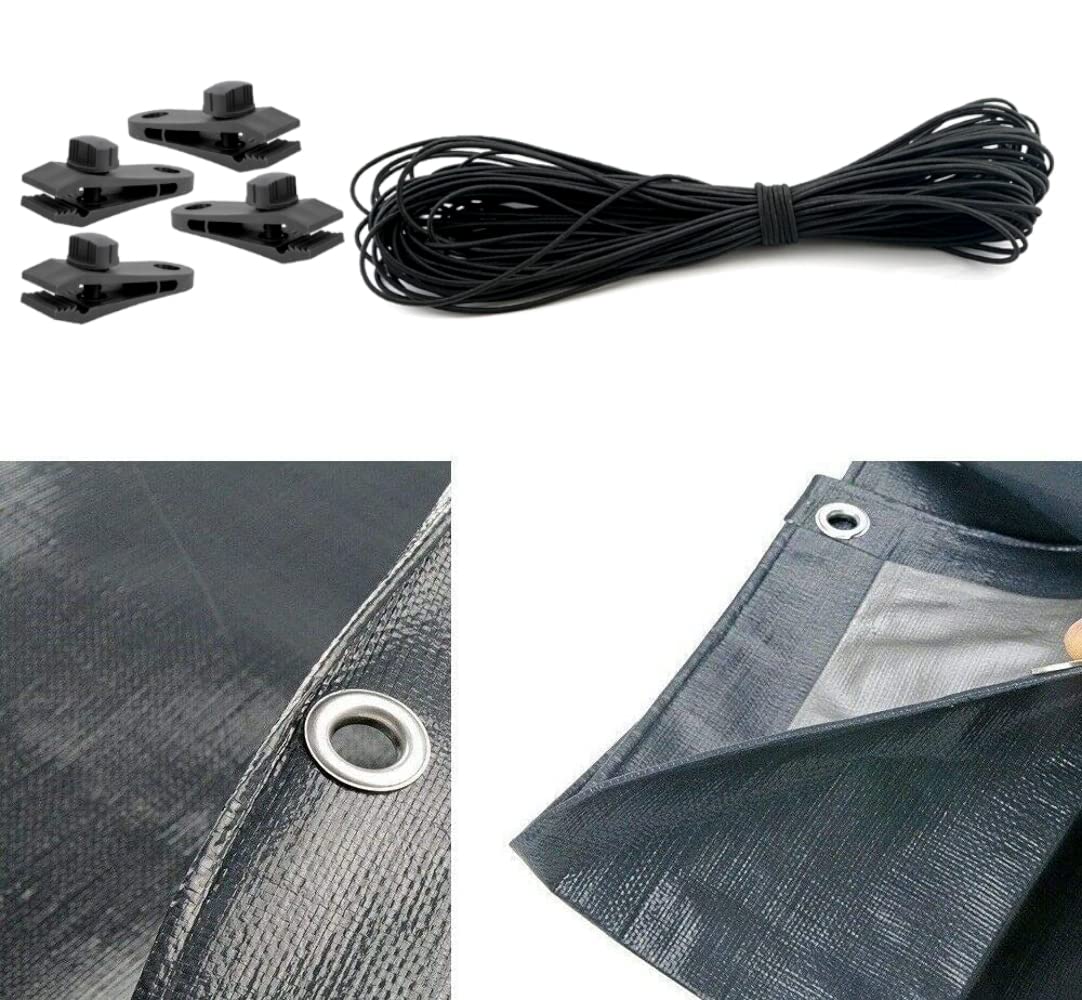 1.5 x 2 m Tarpaulin Waterproof Heavy Duty Cover Ground Sheet Camping with 4 Tarp Clips + 10m / 30ft Bungee Cord (Grey - 200GSM)