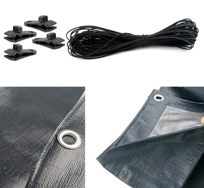 1.5 x 2 m Tarpaulin Waterproof Heavy Duty Cover Ground Sheet Camping with 4 Tarp Clips + 10m / 30ft Bungee Cord (Grey - 200GSM)